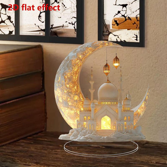 Tischdekoration mit Ramadan-Moscheemotiv und Sockel, 1 Stück, 3D-Acryl-Tischornament mit flacher Optik, multifunktionale Dekoration für Esstisch, Büro oder Schreibtisch im Studentenwohnheim.